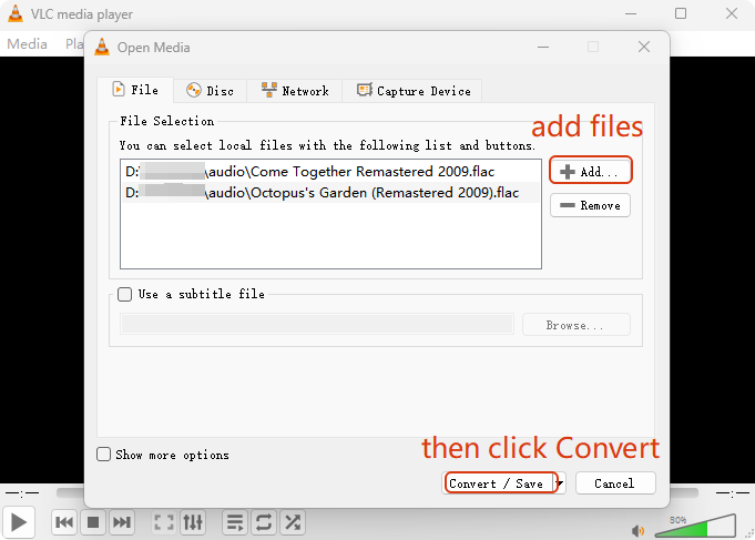 convert flac to mp3 using vlc