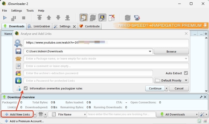 jdownloader2 add video link