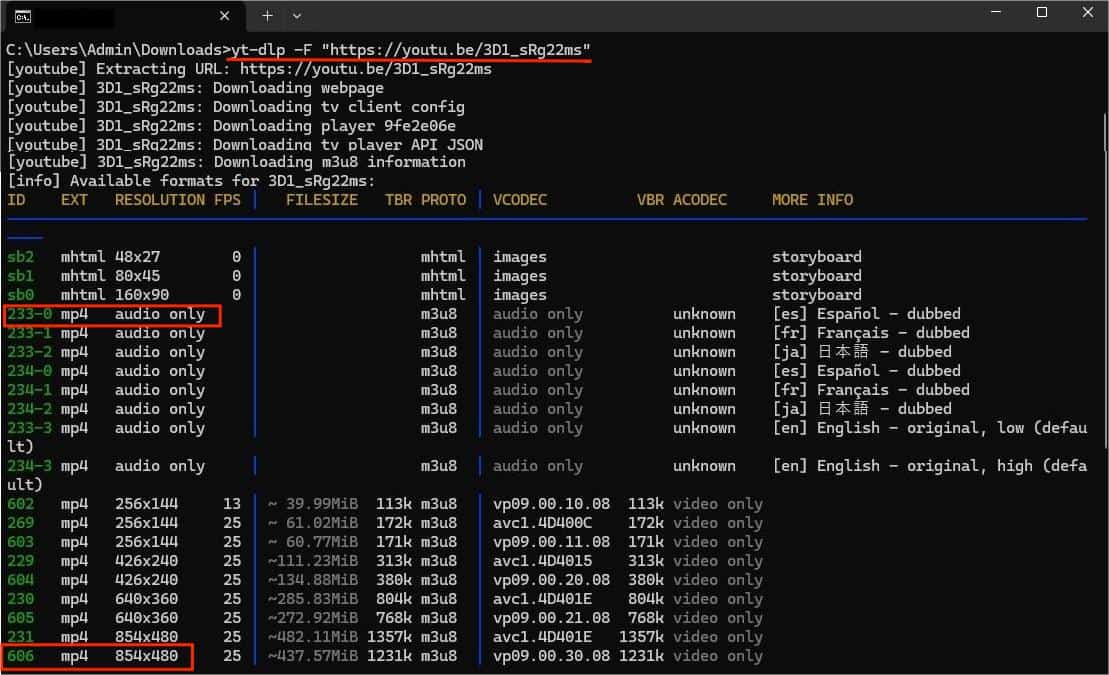 yt-dlp list formats